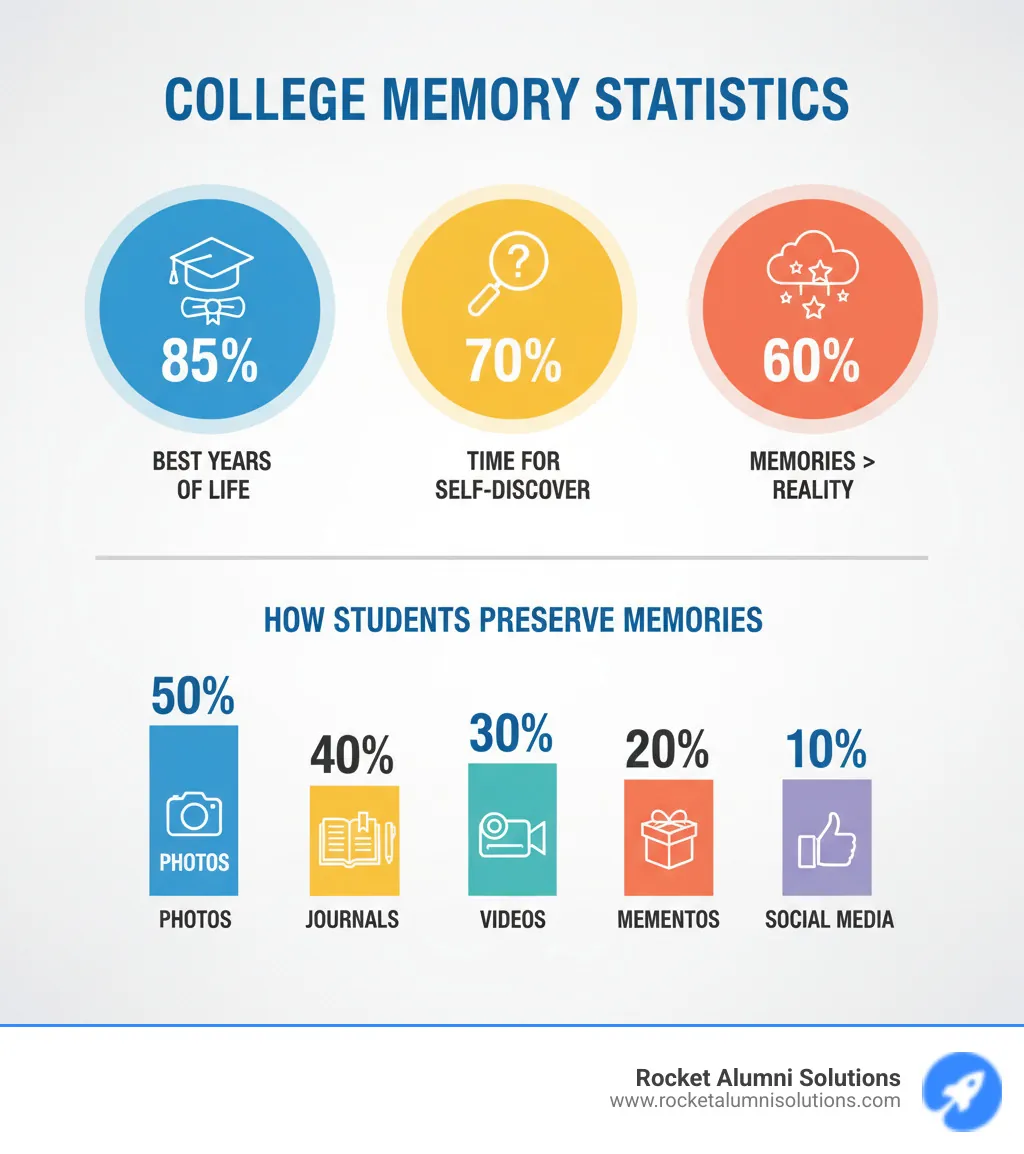 Infographic showing college memory statistics: 85% report college as best years of life, 70% believe it's time for self-findy, 60% say memories are more beautiful than reality, with breakdown of how students preserve memories through photos (50%), journals (40%), videos (30%), mementos (20%), and social media (10%) - College life memories infographic Infographic showing college memory statistics: 85% report college as best years of life, 70% believe it's time for self-findy, 60% say memories are more beautiful than reality, with breakdown of how students preserve memories through photos (50%), journals (40%), videos (30%), mementos (20%), and social media (10%) - College life memories infographic