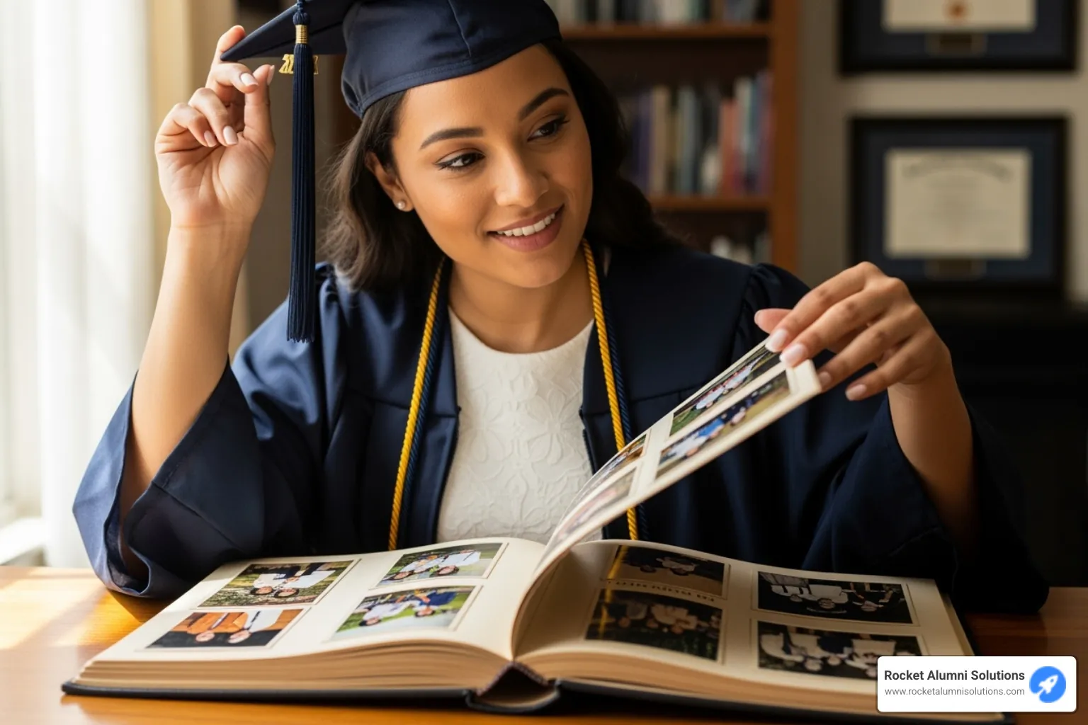 graduate looking thoughtfully at a photo album - College life memories graduate looking thoughtfully at a photo album - College life memories