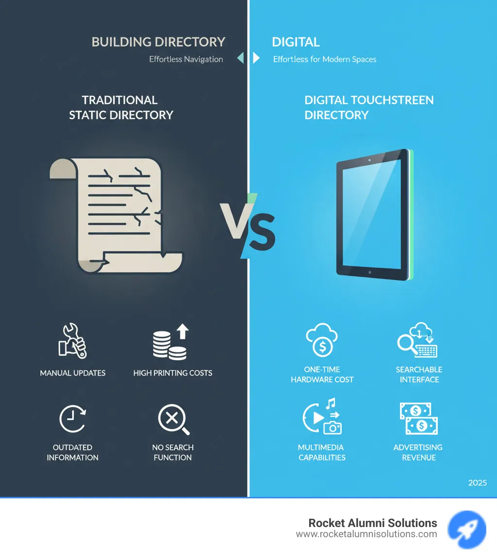 Infographic showing comparison between traditional static directories (manual updates, high printing costs, no search function, outdated information) versus digital touchscreen directories (instant cloud updates, one-time hardware cost, searchable interface, always current information, multimedia capabilities, and advertising revenue potential) - Building Directory Touchscreen Display infographic Infographic showing comparison between traditional static directories (manual updates, high printing costs, no search function, outdated information) versus digital touchscreen directories (instant cloud updates, one-time hardware cost, searchable interface, always current information, multimedia capabilities, and advertising revenue potential) - Building Directory Touchscreen Display infographic