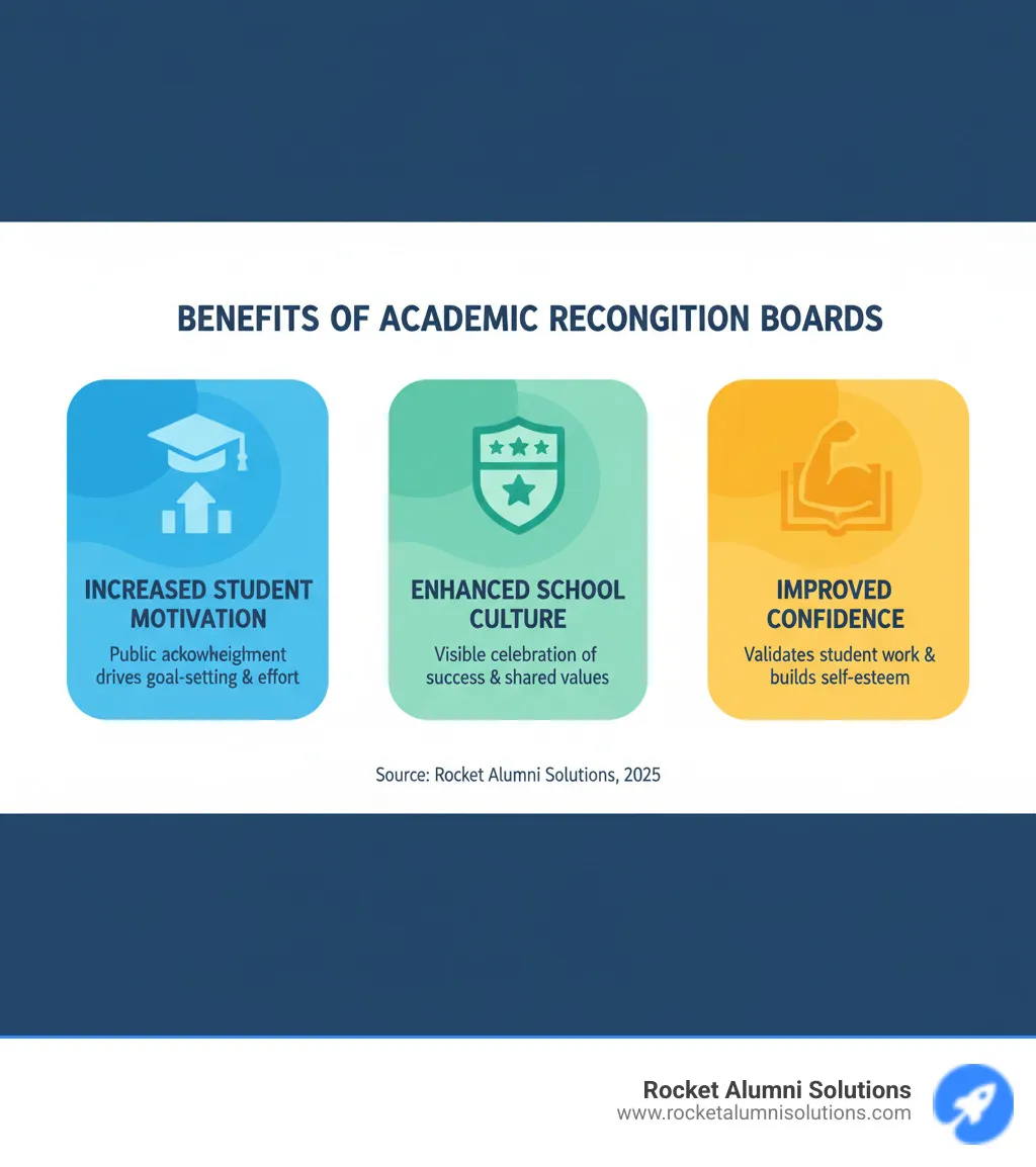 Infographic showing three key benefits of academic recognition boards: 1) Increased Student Motivation - public acknowledgment drives goal-setting and effort, 2) Enhanced School Culture - creates visible celebration of success and shared values, 3) Improved Confidence - validates student work and builds self-esteem through peer recognition - Academic Achievement Recognition Board infographic Infographic showing three key benefits of academic recognition boards: 1) Increased Student Motivation - public acknowledgment drives goal-setting and effort, 2) Enhanced School Culture - creates visible celebration of success and shared values, 3) Improved Confidence - validates student work and builds self-esteem through peer recognition - Academic Achievement Recognition Board infographic