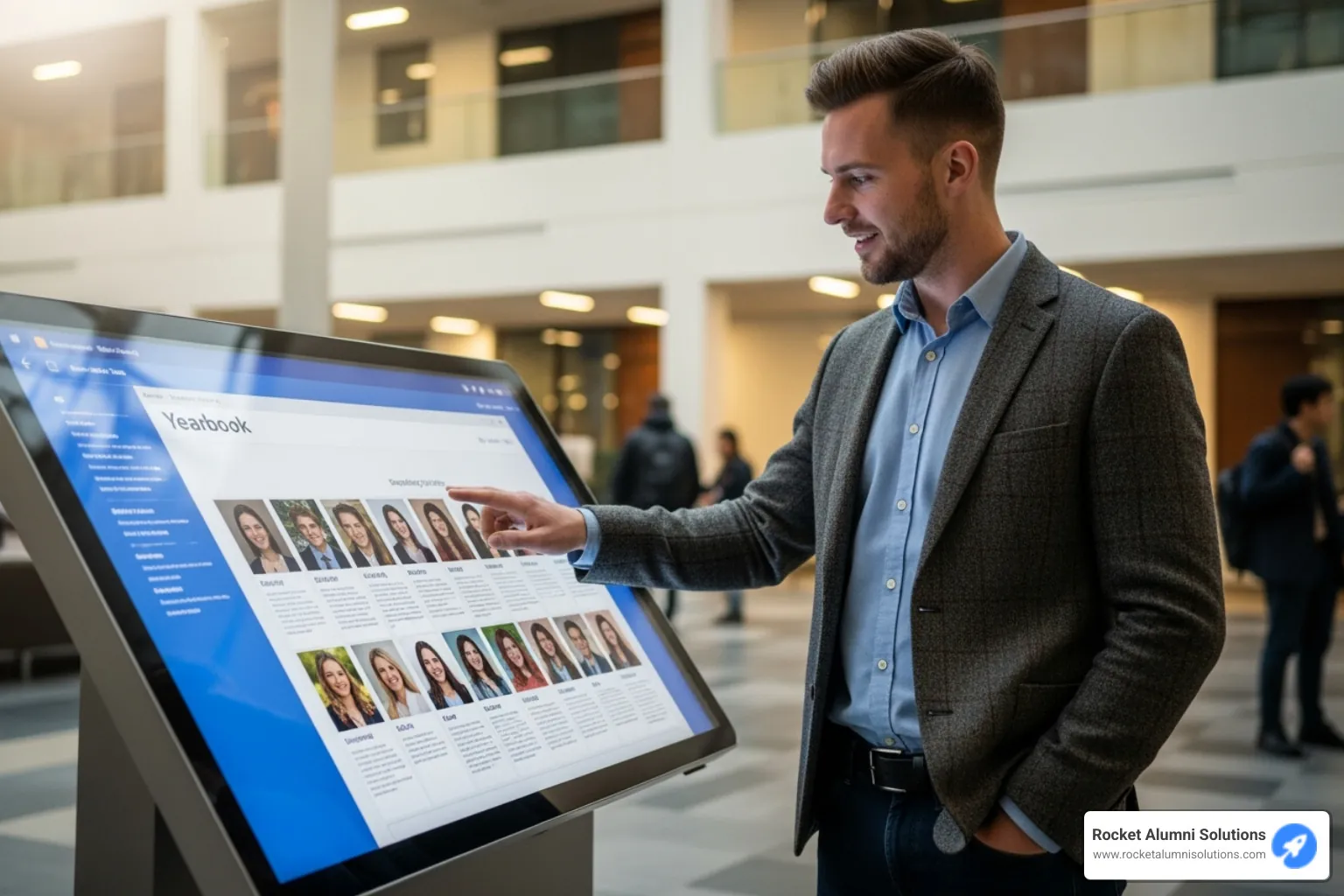 alumnus browsing a digital yearbook on a large touchscreen display - college reunion ideas alumnus browsing a digital yearbook on a large touchscreen display - college reunion ideas