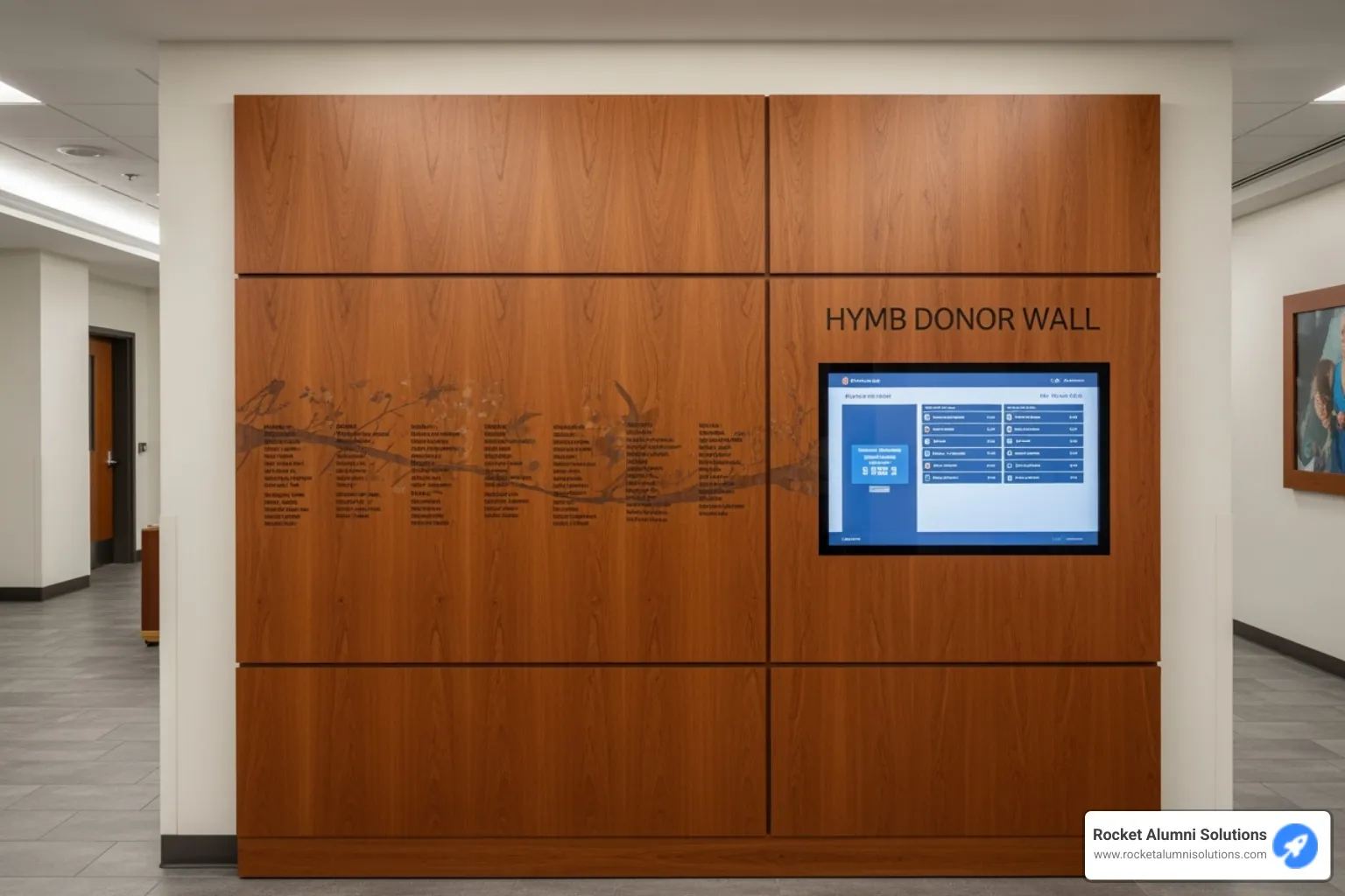 hybrid donor wall featuring a wooden backer with an integrated touchscreen - Donor Highlight Board