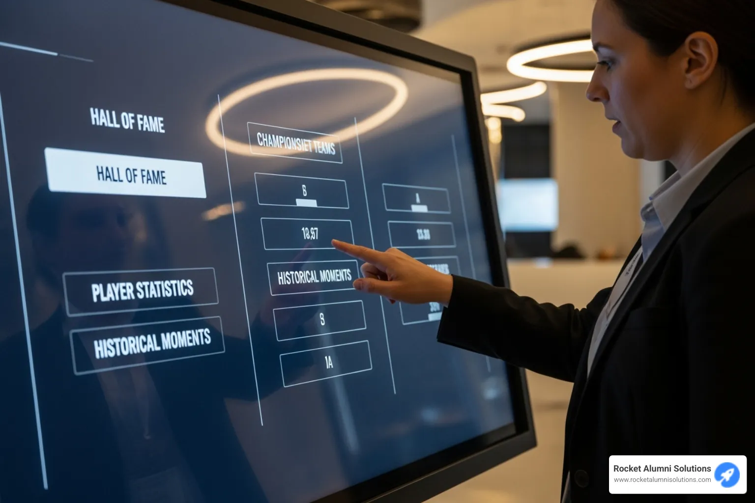 User interacting with a touchscreen, showing categories like 'Hall of Fame' and 'Championship Teams' - Digital Trophy Case