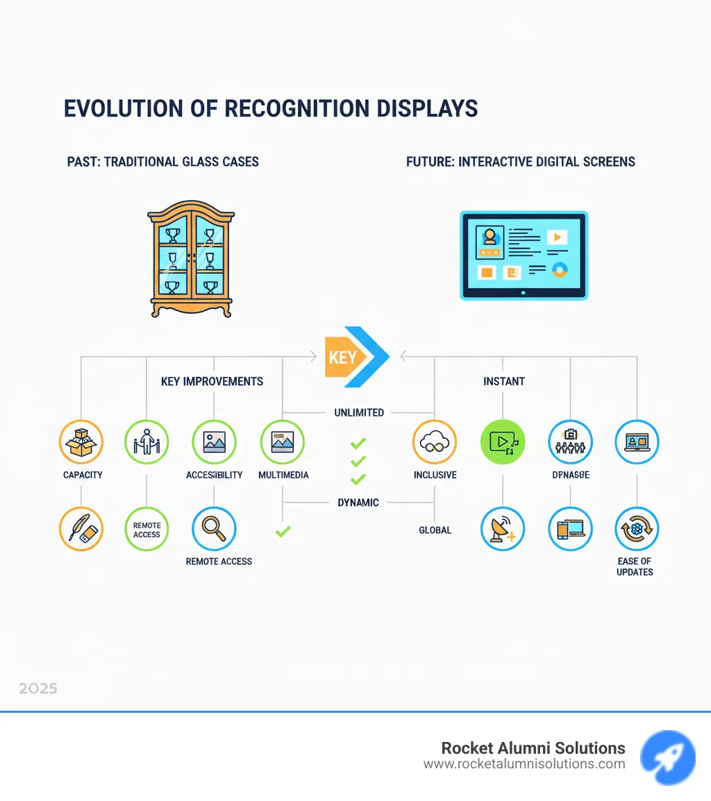 Evolution of trophy displays from traditional glass cases to interactive digital touchscreens, showing key improvements in capacity, accessibility, multimedia content, remote access, and ease of updates - Digital Trophy Case infographic