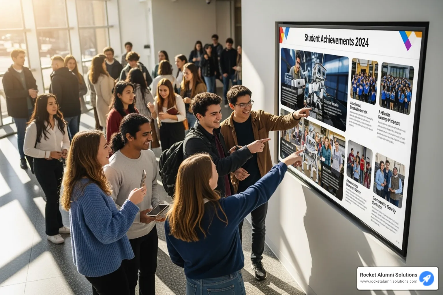 Students gathered excitedly around a digital wall of fame - Digital Trophy Case
