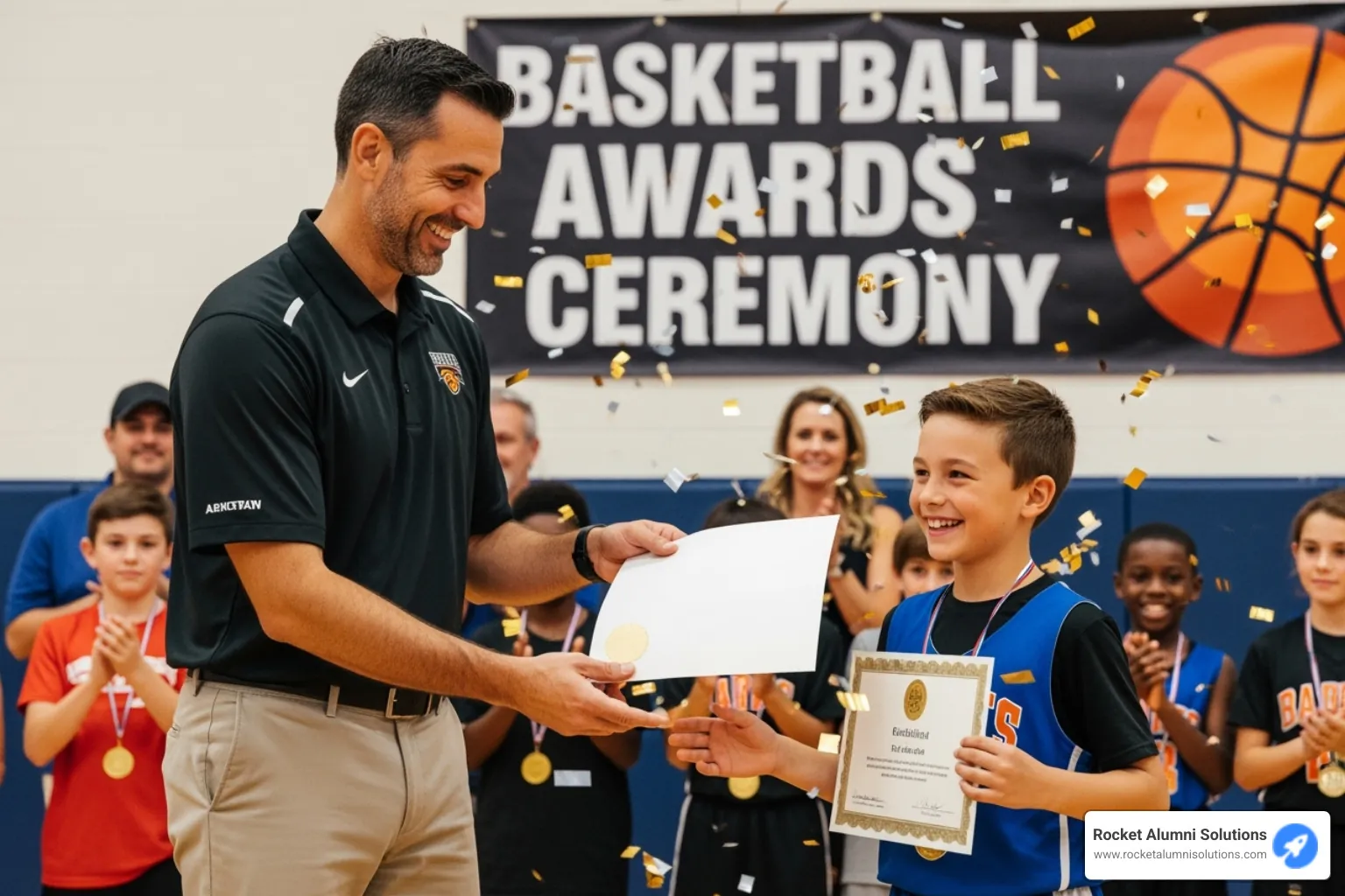 A coach smiling while presenting a certificate to a young player - basketball award categories for youth