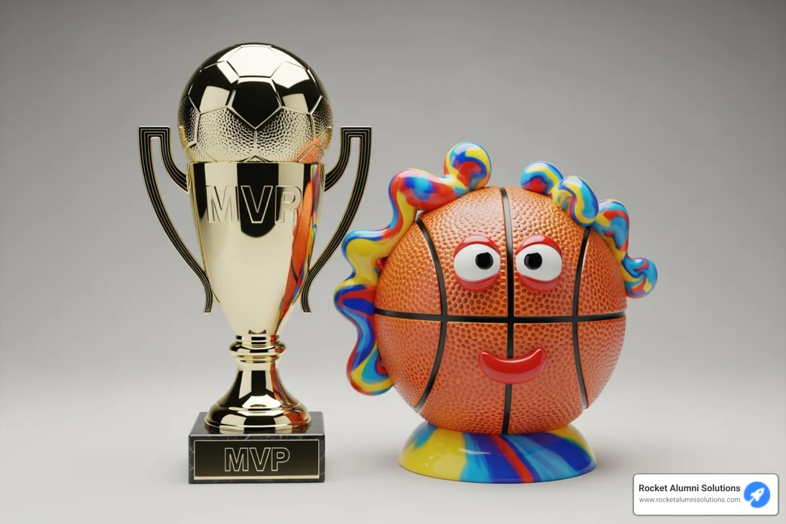 A classic MVP trophy next to a creative, fun-looking award - basketball award categories for youth
