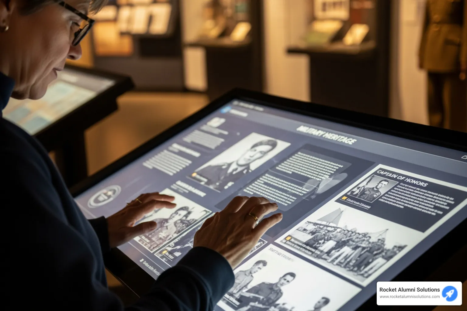 User interacting with a touchscreen military heritage display - Captain Honors Display