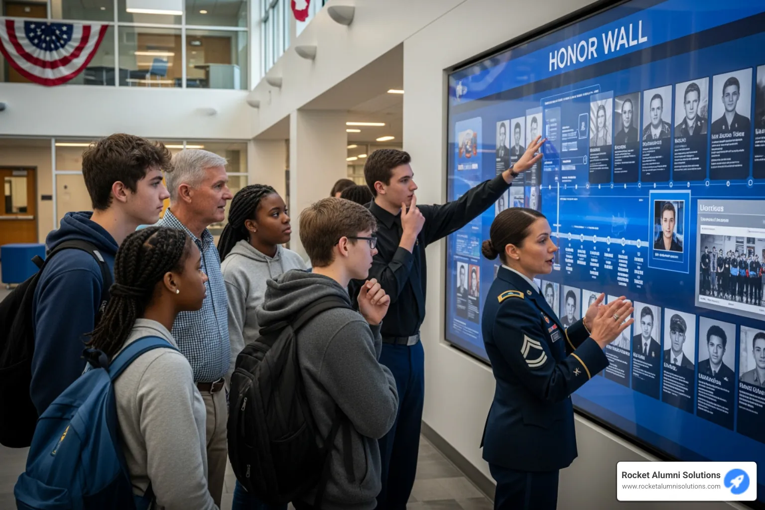 Diverse group of students and veterans gathered around a veterans digital honor wall, interacting with the display - Captain Honors Display