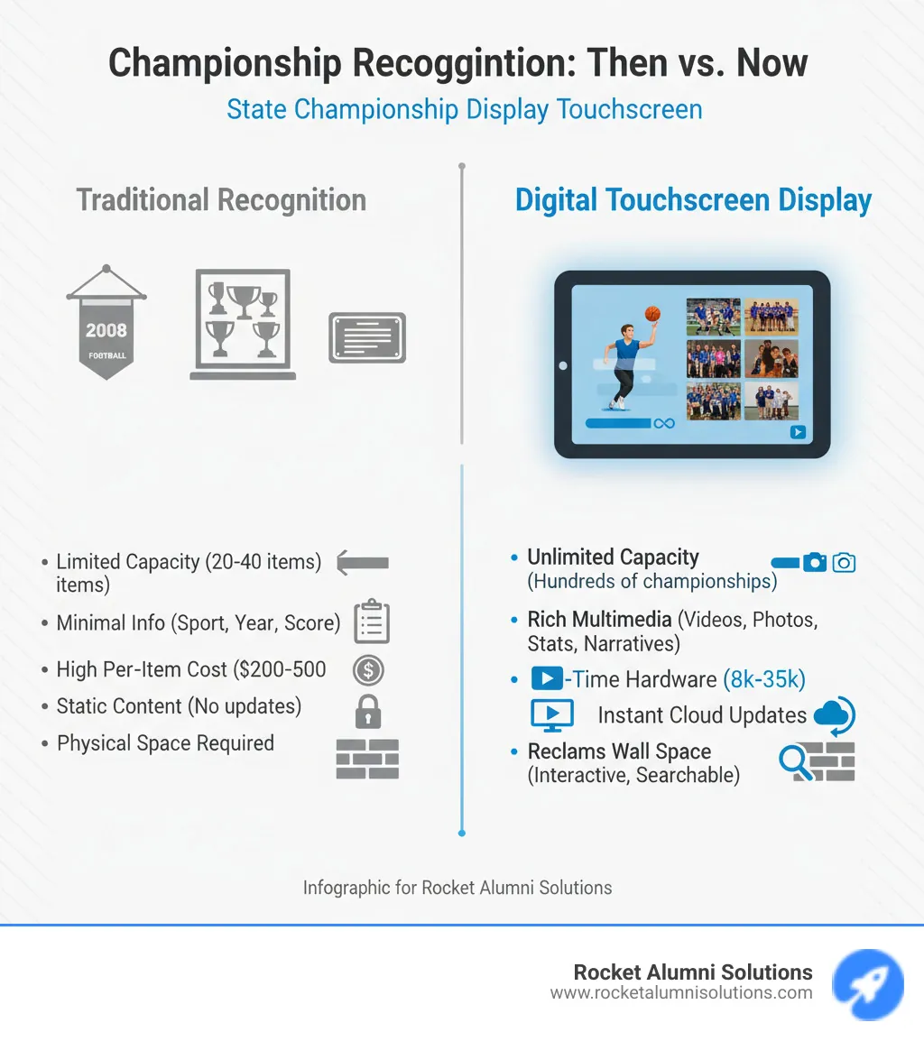 Infographic comparing traditional championship recognition methods (banners, trophy cases, plaques) with digital touchscreen displays, showing key differences: Traditional methods have limited capacity (20-40 items), minimal information (sport, year, score), high per-item costs ($200-500), static content that cannot be updated, and require physical space; Digital displays offer unlimited capacity (hundreds of championships), rich multimedia content (videos, photos, stats, narratives), one-time hardware investment ($8k-35k), instant cloud-based updates, and reclaim valuable wall space while providing searchable, interactive exploration - State Championship Display Touchscreen infographic Infographic comparing traditional championship recognition methods (banners, trophy cases, plaques) with digital touchscreen displays, showing key differences: Traditional methods have limited capacity (20-40 items), minimal information (sport, year, score), high per-item costs ($200-500), static content that cannot be updated, and require physical space; Digital displays offer unlimited capacity (hundreds of championships), rich multimedia content (videos, photos, stats, narratives), one-time hardware investment ($8k-35k), instant cloud-based updates, and reclaim valuable wall space while providing searchable, interactive exploration - State Championship Display Touchscreen infographic