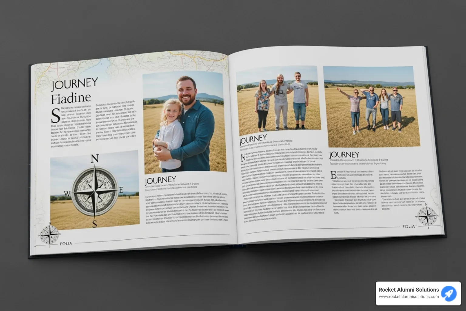 A yearbook spread featuring a "Journey" theme, with a compass graphic in the corner of every folio, a map-like texture in the background, and consistent serif typography for headlines and sans-serif for body text. - Yearbook theme ideas
