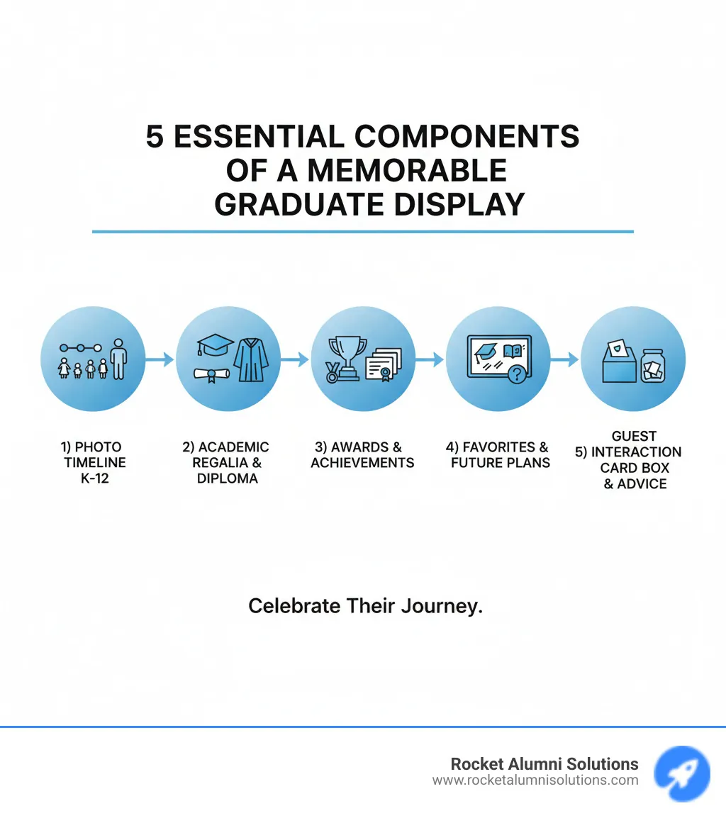Infographic showing the 5 essential components of a memorable high school graduate display: 1) Photo timeline from kindergarten through senior year, 2) Academic regalia and official documents (cap, gown, diploma), 3) Awards and achievement showcase, 4) Personal favorites and future plans board, and 5) Guest interaction station with card box and advice jar - High School Graduate Display infographic Infographic showing the 5 essential components of a memorable high school graduate display: 1) Photo timeline from kindergarten through senior year, 2) Academic regalia and official documents (cap, gown, diploma), 3) Awards and achievement showcase, 4) Personal favorites and future plans board, and 5) Guest interaction station with card box and advice jar - High School Graduate Display infographic