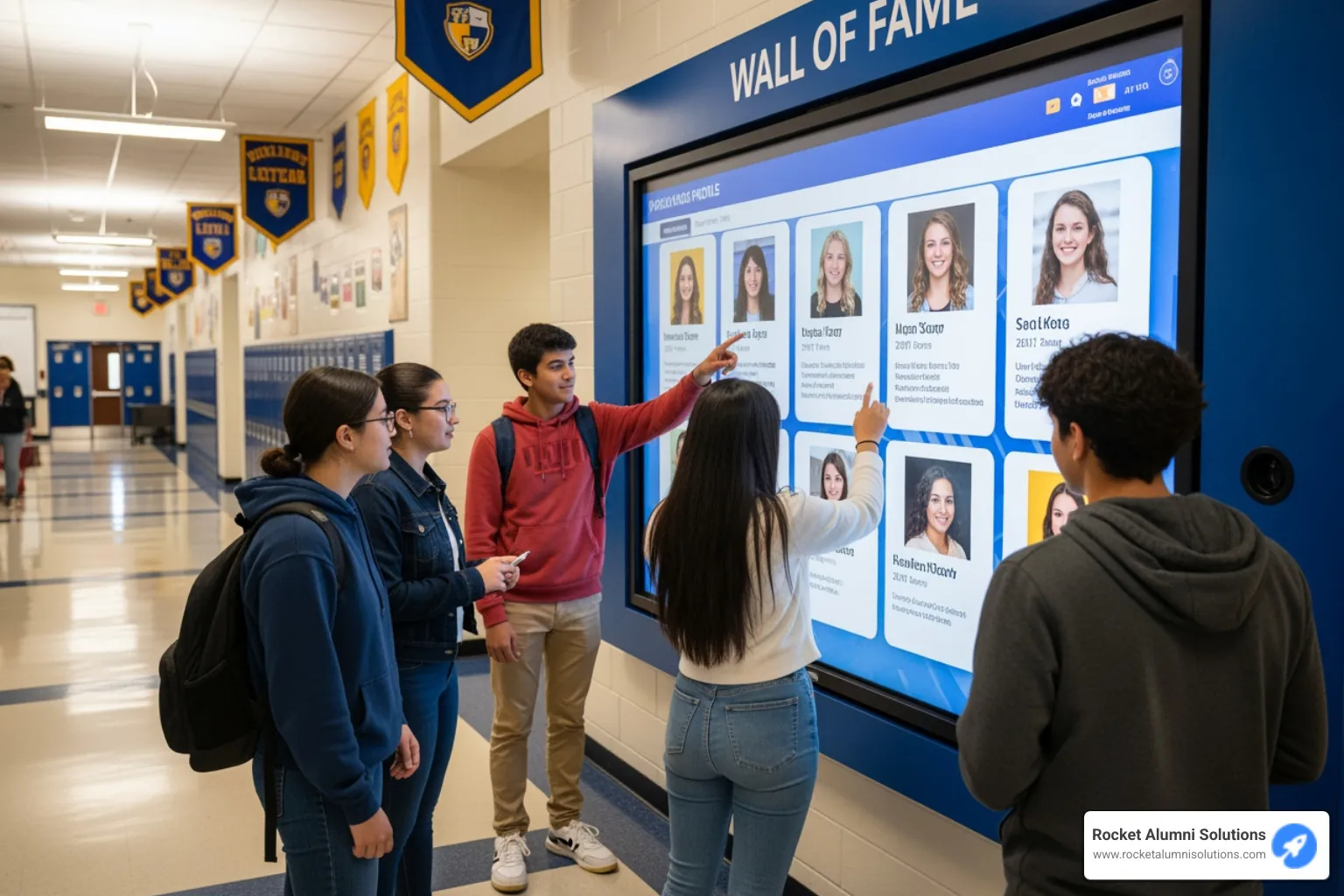 Students interacting with a large touchscreen digital wall of fame in a school hallway - High School Graduate Display Students interacting with a large touchscreen digital wall of fame in a school hallway - High School Graduate Display