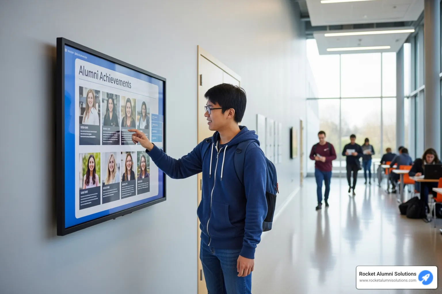 A student interacting with a large touchscreen alumni display in a university hall - Master Degree Graduate Display A student interacting with a large touchscreen alumni display in a university hall - Master Degree Graduate Display