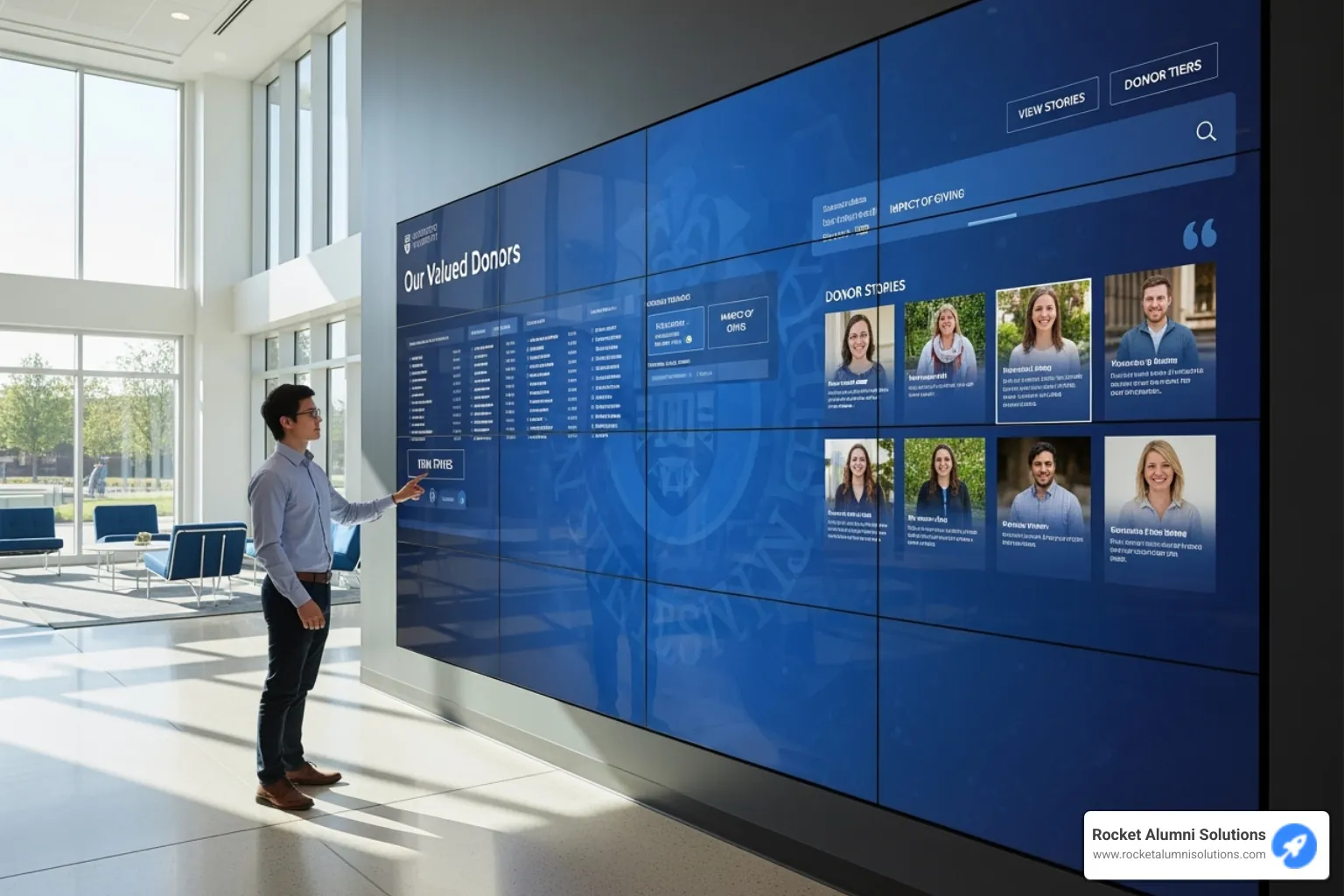 User interacting with a touchscreen digital donor wall - Digital donor recognition